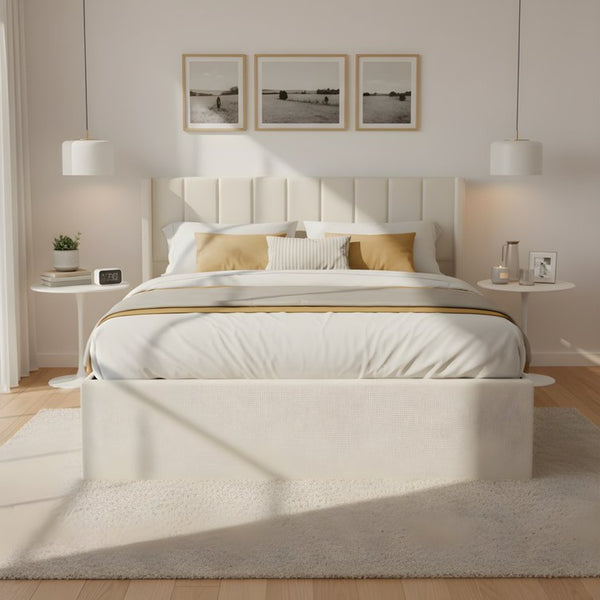English Elm Large-capacity Queen Storage Bed Upholstered Frame with Four Drawers Striped Beige N769P385612B