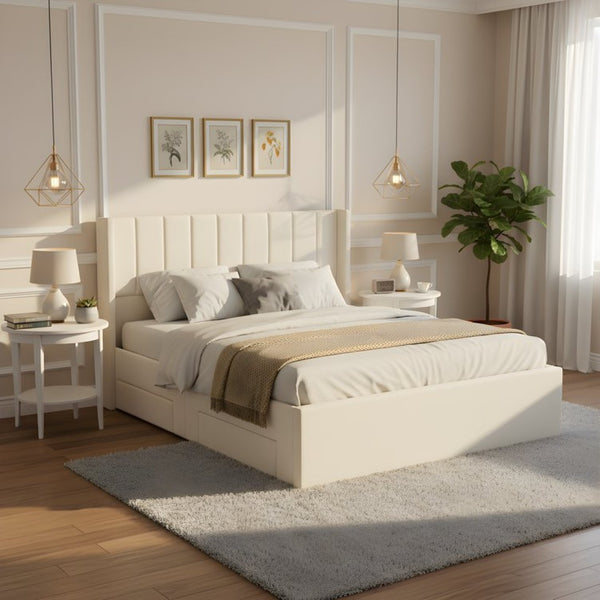 English Elm Large-capacity Queen Storage Bed Upholstered Frame with Four Drawers Striped Beige N769P385612B