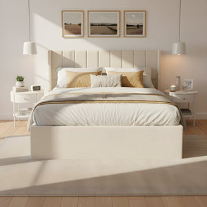 English Elm Large-capacity Queen Storage Bed Upholstered Frame with Four Drawers Striped Beige N769P385612B