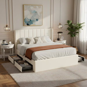 English Elm Large-capacity Queen Storage Bed Upholstered Frame with Four Drawers Striped Beige N769P385612B