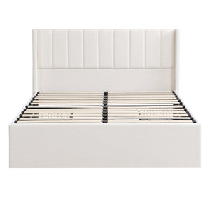 English Elm Large-capacity Queen Storage Bed Upholstered Frame with Four Drawers Striped Beige N769P385612B