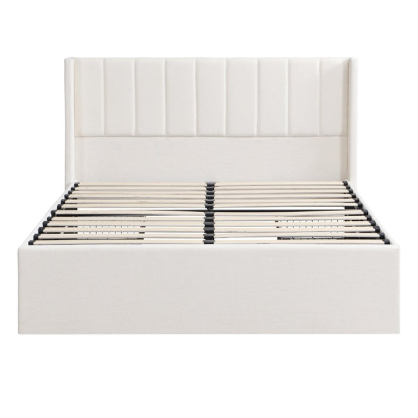 English Elm Large-capacity Queen Storage Bed Upholstered Frame with Four Drawers Striped Beige N769P385612B
