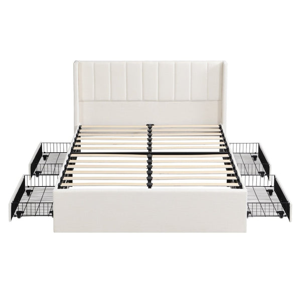 English Elm Large-capacity Queen Storage Bed Upholstered Frame with Four Drawers Striped Beige N769P385612B