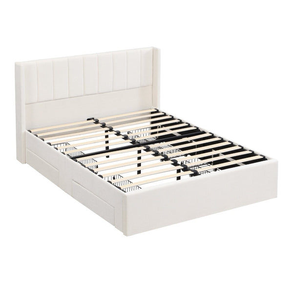 English Elm Large-capacity Queen Storage Bed Upholstered Frame with Four Drawers Striped Beige N769P385612B
