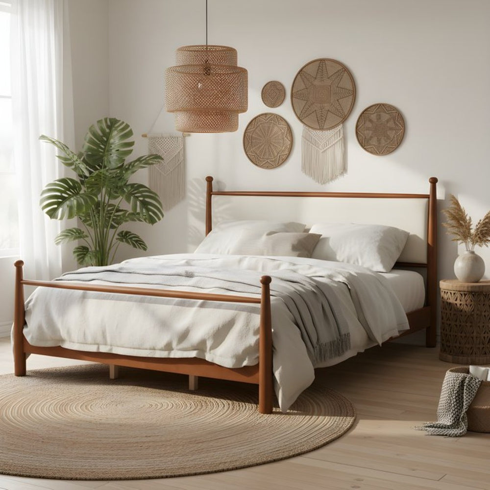 English Elm Solid Poplar King Bed Upholstered Headboard with Ball Finials and Open Slat Base N769P410616D