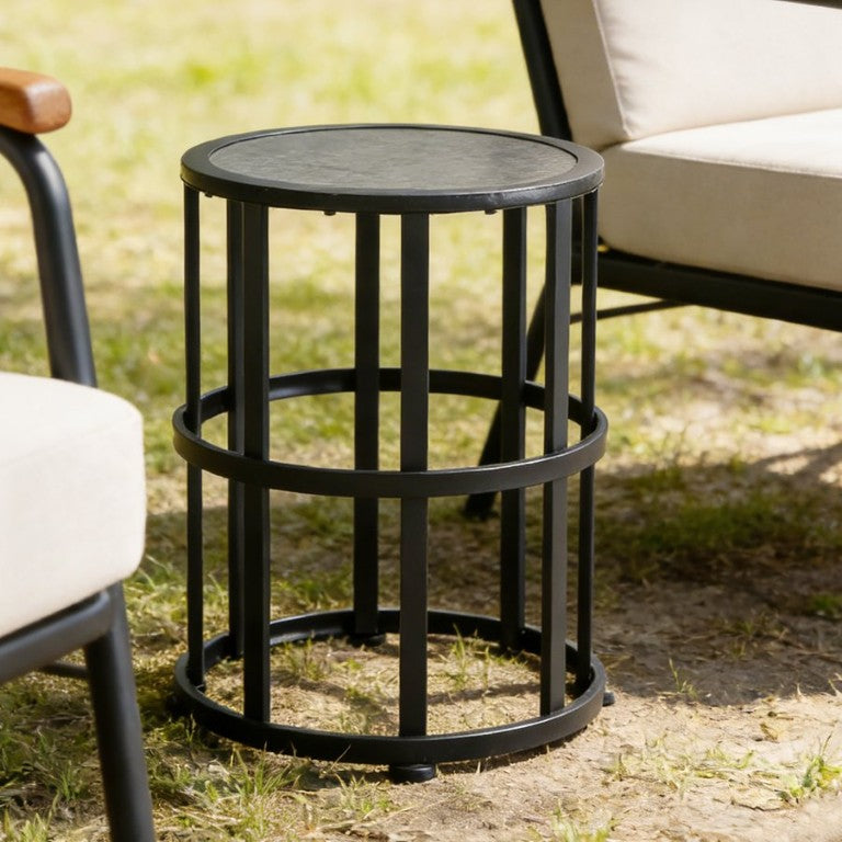 English Elm Ceramic Tile Top Outdoor Accent Table with Rust Resistant Iron Frame for Patio Use N769P414515B