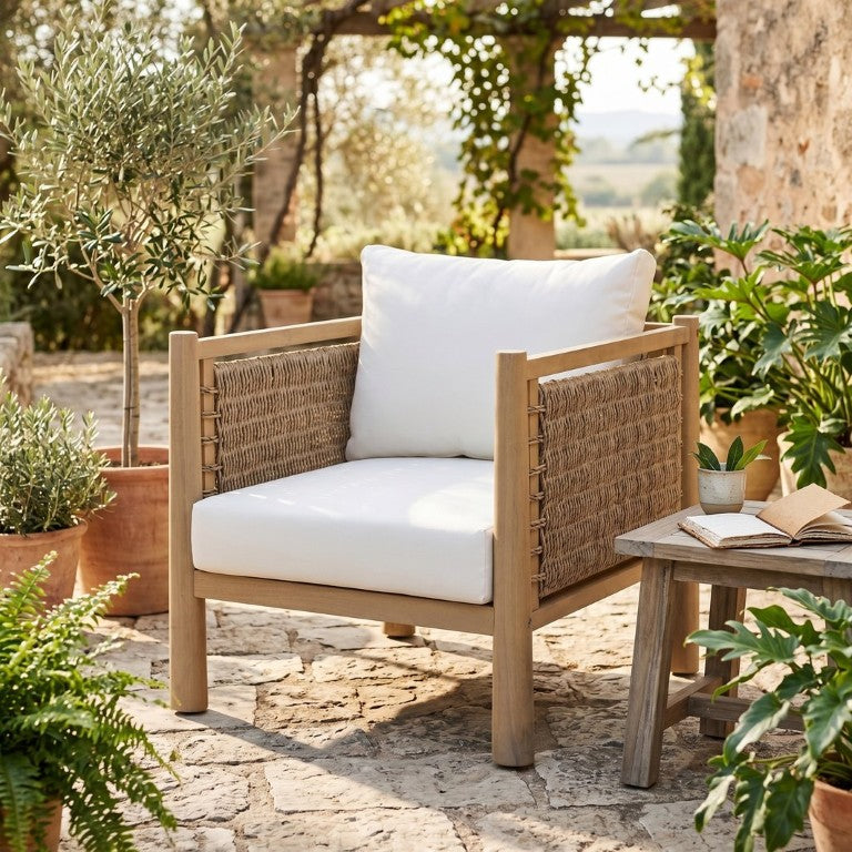 English Elm Outdoor Acacia Wood Armchair with Handwoven Wicker Panels and Cushioned Patio Seating N769P445009L