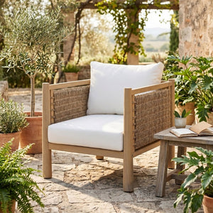 English Elm Outdoor Acacia Wood Armchair with Handwoven Wicker Panels and Cushioned Patio Seating N769P445009L