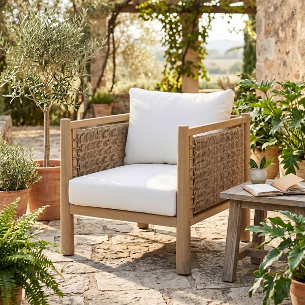 English Elm Outdoor Acacia Wood Armchair with Handwoven Wicker Panels and Cushioned Patio Seating N769P445009L