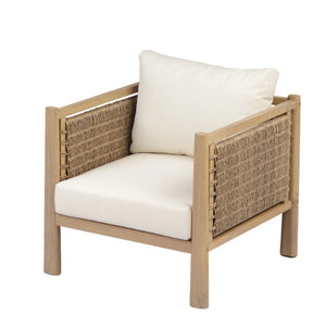 English Elm Outdoor Acacia Wood Armchair with Handwoven Wicker Panels and Cushioned Patio Seating N769P445009L