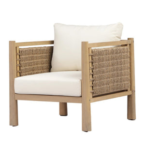 English Elm Outdoor Acacia Wood Armchair with Handwoven Wicker Panels and Cushioned Patio Seating N769P445009L