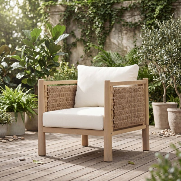 English Elm Outdoor Acacia Wood Armchair with Handwoven Wicker Panels and Cushioned Patio Seating N769P445009L
