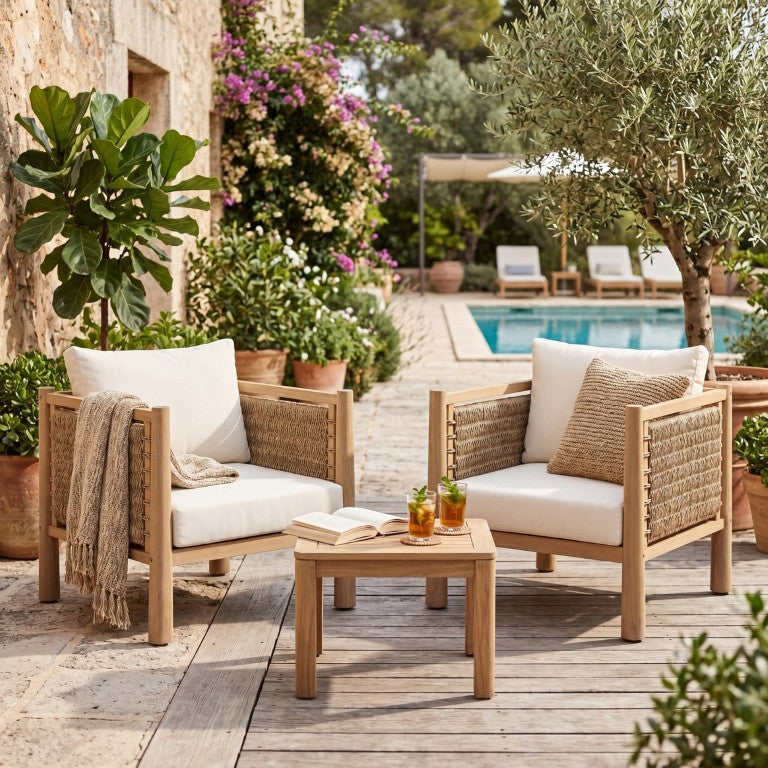 English Elm Set of 2 Outdoor Acacia Wood Armchairs with Handwoven PE Wicker and Cushions N769P445009L_2