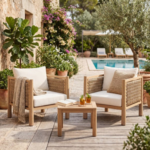 English Elm Set of 2 Outdoor Acacia Wood Armchairs with Handwoven PE Wicker and Cushions N769P445009L_2