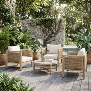 English Elm Set of 3 Outdoor Acacia Wood Wicker Armchairs with Cushions for Patio Decks N769P445009L_3