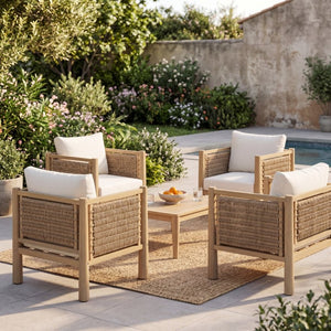 English Elm Set of 4 Outdoor Acacia Wood Armchairs with Handwoven PE Wicker and Cushions N769P445009L_4