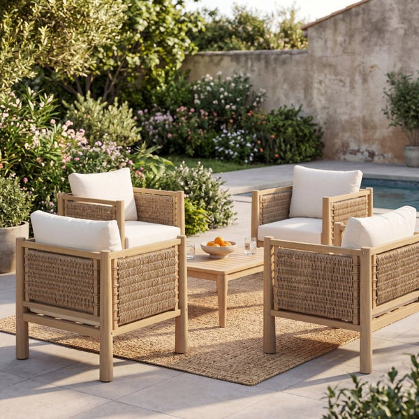 English Elm Set of 4 Outdoor Acacia Wood Armchairs with Handwoven PE Wicker and Cushions N769P445009L_4