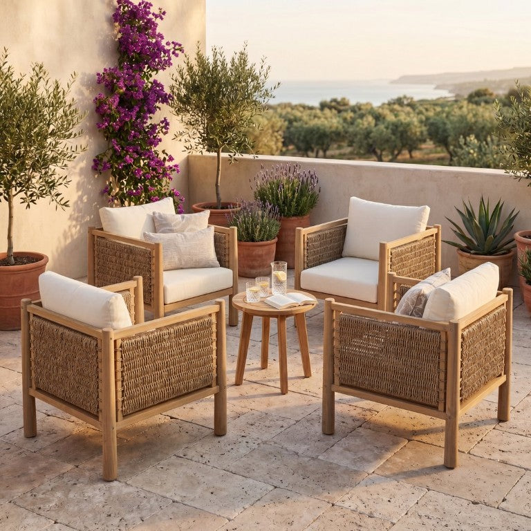 English Elm Set of 4 Outdoor Acacia Wood Armchairs with Handwoven PE Wicker and Cushions N769P445009L_4