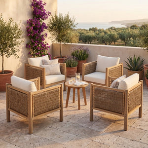 English Elm Set of 4 Outdoor Acacia Wood Armchairs with Handwoven PE Wicker and Cushions N769P445009L_4