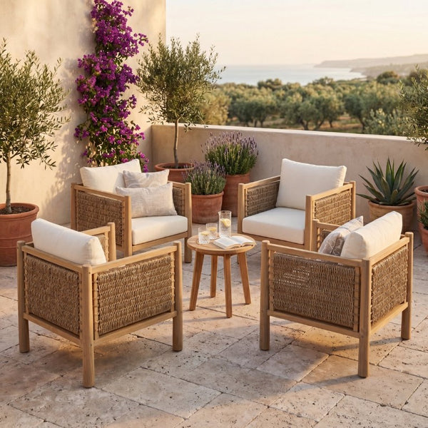 English Elm Set of 4 Outdoor Acacia Wood Armchairs with Handwoven PE Wicker and Cushions N769P445009L_4