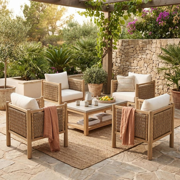 English Elm Set of 4 Outdoor Acacia Wood Armchairs with Handwoven PE Wicker and Cushions N769P445009L_4