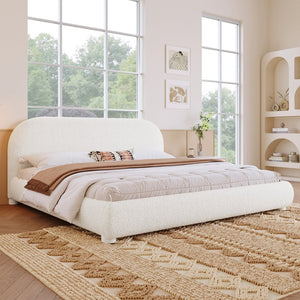 English Elm Cream Bouclé Upholstered King Bed with Sculpted Curved Headboard for Modern Bedroom N769P462347W