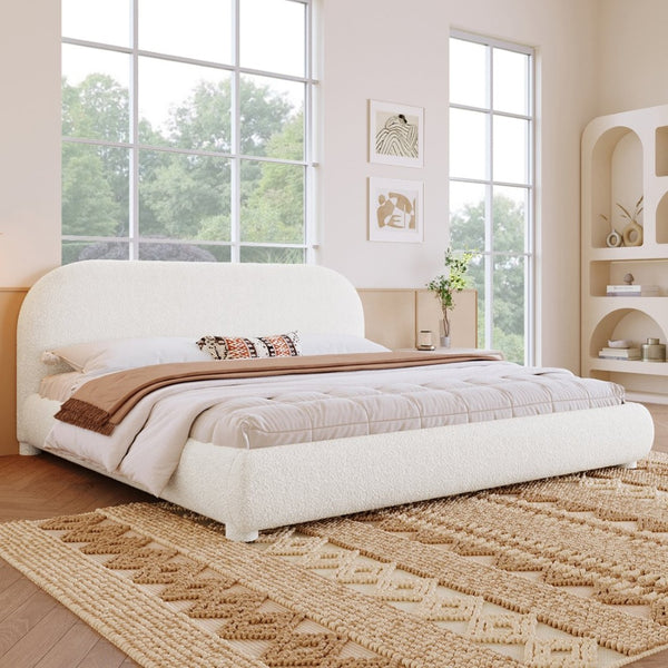 English Elm Cream Bouclé Upholstered King Bed with Sculpted Curved Headboard for Modern Bedroom N769P462347W