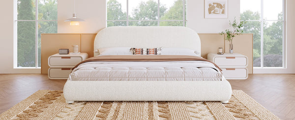 English Elm Cream Bouclé Upholstered King Bed with Sculpted Curved Headboard for Modern Bedroom N769P462347W