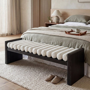English Elm 62.8 Inch Chenille Rolled Cushion Bench Rubberwood Frame Entryway Seating for Three N769P467933B