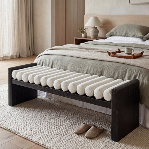 English Elm 62.8 Inch Chenille Rolled Cushion Bench Rubberwood Frame Entryway Seating for Three N769P467933B