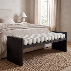 English Elm 62.8 Inch Chenille Rolled Cushion Bench Rubberwood Frame Entryway Seating for Three N769P467933B