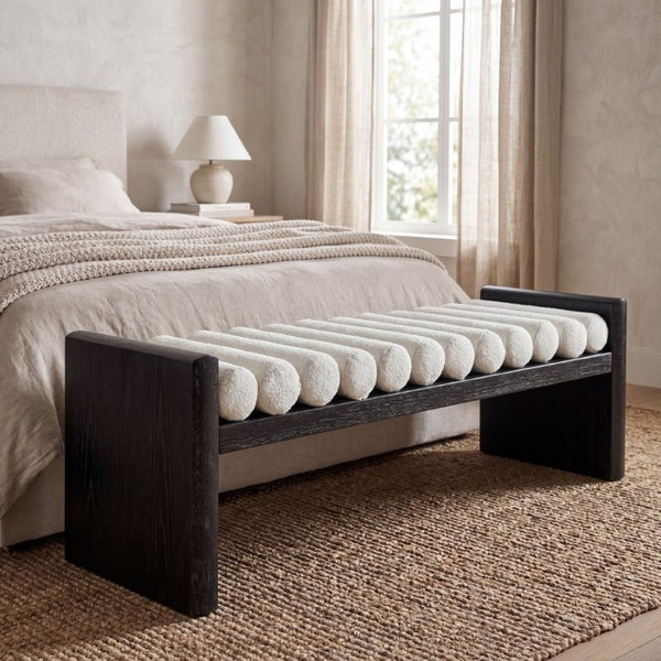 English Elm 62.8 Inch Chenille Rolled Cushion Bench Rubberwood Frame Entryway Seating for Three N769P467933B