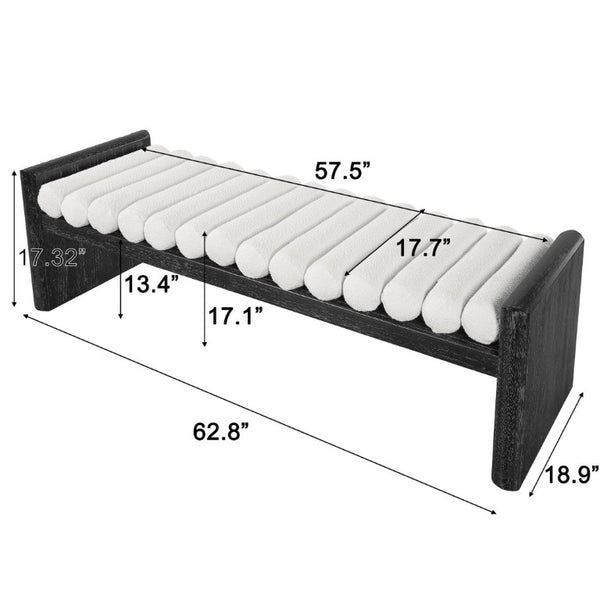 English Elm 62.8 Inch Chenille Rolled Cushion Bench Rubberwood Frame Entryway Seating for Three N769P467933B