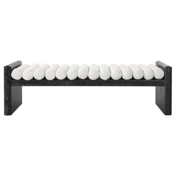 English Elm 62.8 Inch Chenille Rolled Cushion Bench Rubberwood Frame Entryway Seating for Three N769P467933B