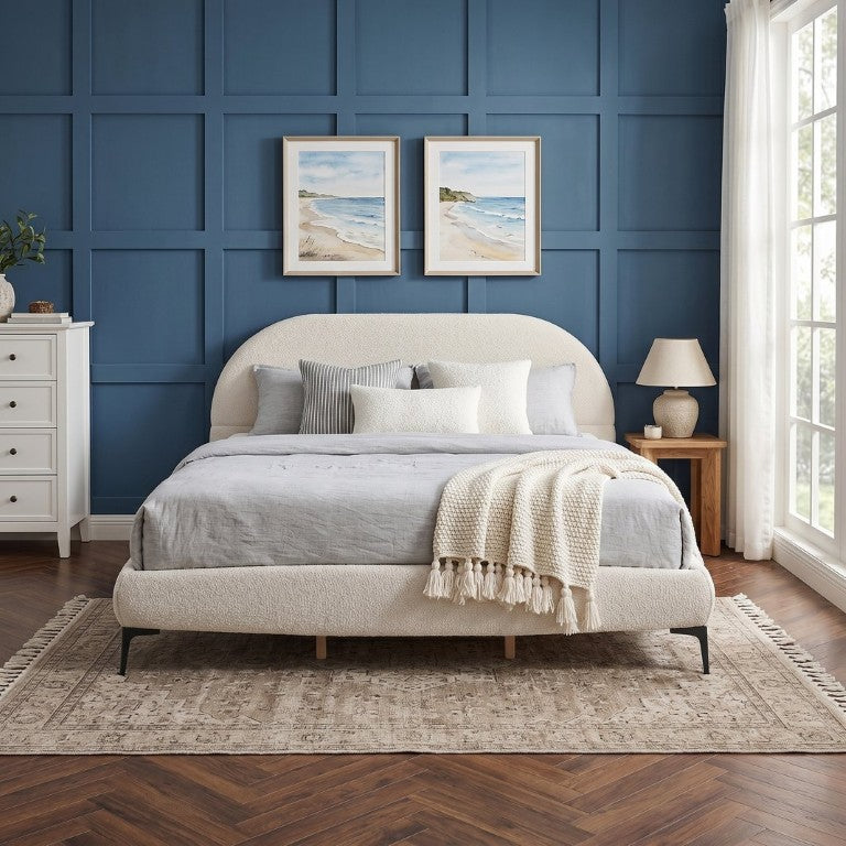 English Elm Luxury Bouclé King Platform Bed Curved Sculptural Frame with Padded Foam Headboard N769P473144C