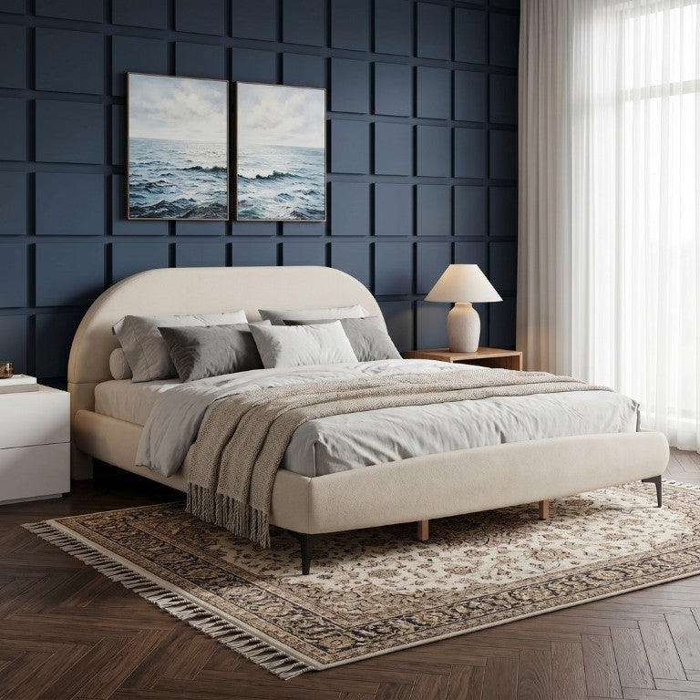 English Elm Luxury Bouclé King Platform Bed Curved Sculptural Frame with Padded Foam Headboard N769P473144C
