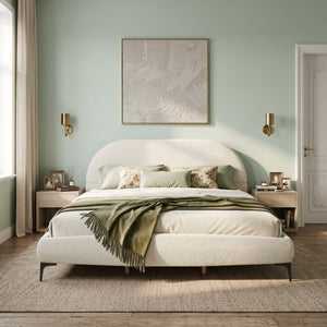 English Elm Luxury Bouclé Queen Platform Bed Curved Silhouette Padded Headboard No Box Spring N769P473145C