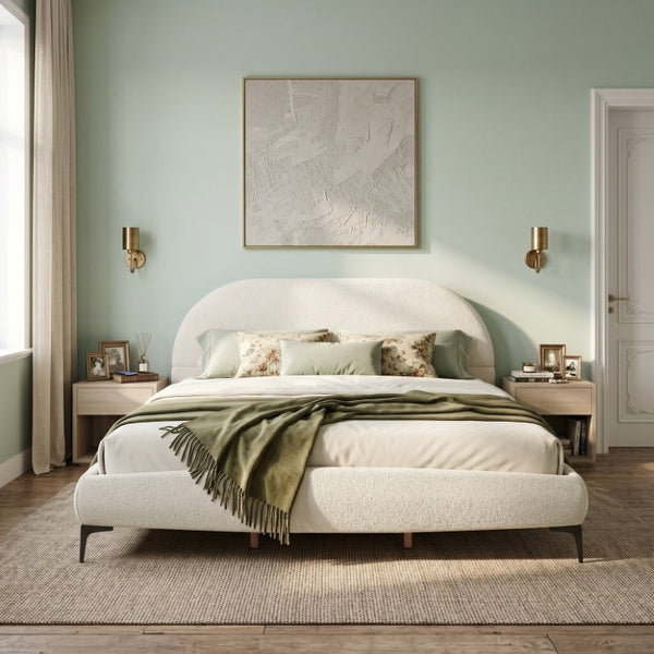 English Elm Luxury Bouclé Queen Platform Bed Curved Silhouette Padded Headboard No Box Spring N769P473145C