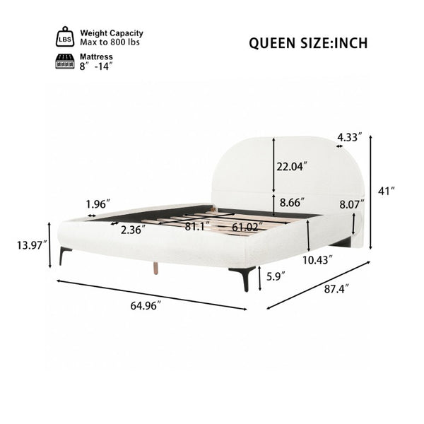 English Elm Luxury Bouclé Queen Platform Bed Curved Silhouette Padded Headboard No Box Spring N769P473145C
