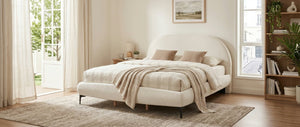English Elm Luxury Bouclé Queen Platform Bed Curved Silhouette Padded Headboard No Box Spring N769P473145C