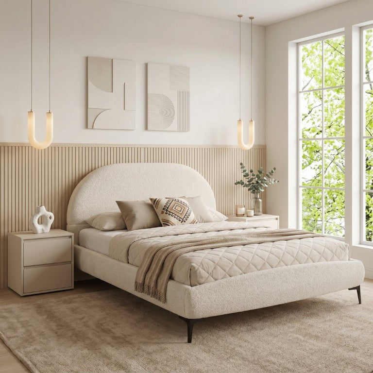 English Elm Luxury Bouclé Queen Platform Bed Curved Silhouette Padded Headboard No Box Spring N769P473145C