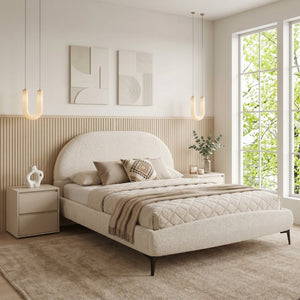 English Elm Luxury Bouclé Queen Platform Bed Curved Silhouette Padded Headboard No Box Spring N769P473145C