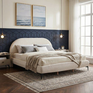 English Elm Luxury Bouclé Queen Platform Bed Curved Silhouette Padded Headboard No Box Spring N769P473145C