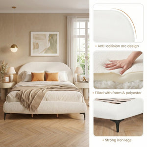 English Elm Luxury Bouclé Queen Platform Bed Curved Silhouette Padded Headboard No Box Spring N769P473145C