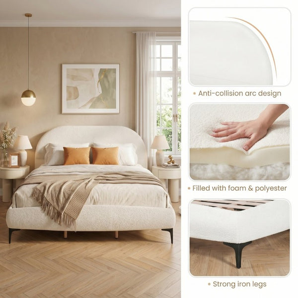 English Elm Luxury Bouclé Queen Platform Bed Curved Silhouette Padded Headboard No Box Spring N769P473145C