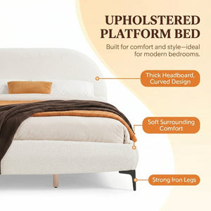 English Elm Luxury Bouclé Queen Platform Bed Curved Silhouette Padded Headboard No Box Spring N769P473145C