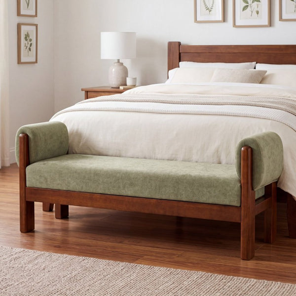 English Elm 63 Inch Sage Green Upholstered Bench Solid Hardwood Mid-Century Style for Bedroom N769P486617M