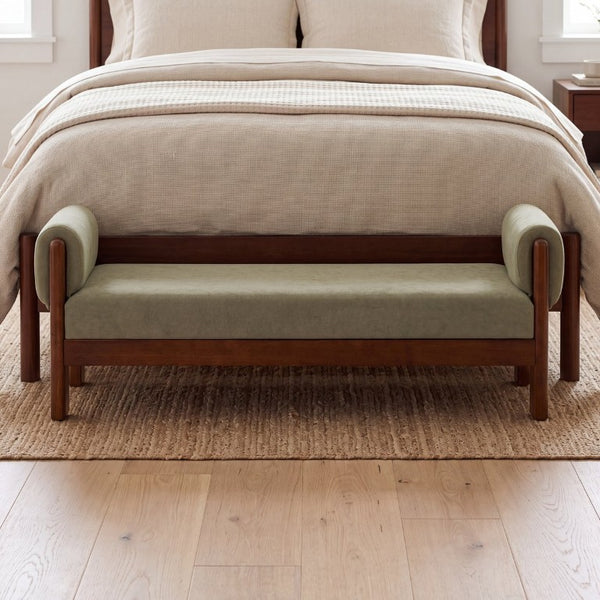 English Elm 63 Inch Sage Green Upholstered Bench Solid Hardwood Mid-Century Style for Bedroom N769P486617M