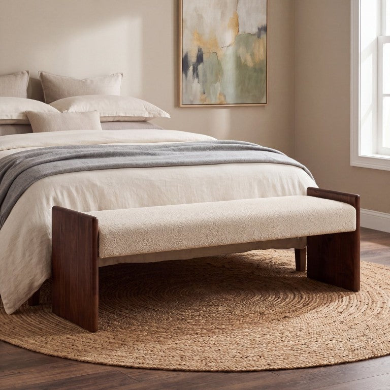 English Elm 63 Inch Boucle Upholstered Long Ottoman Bench with Solid Rubber Wood Minimalist Frame Light Camel N769P486633M