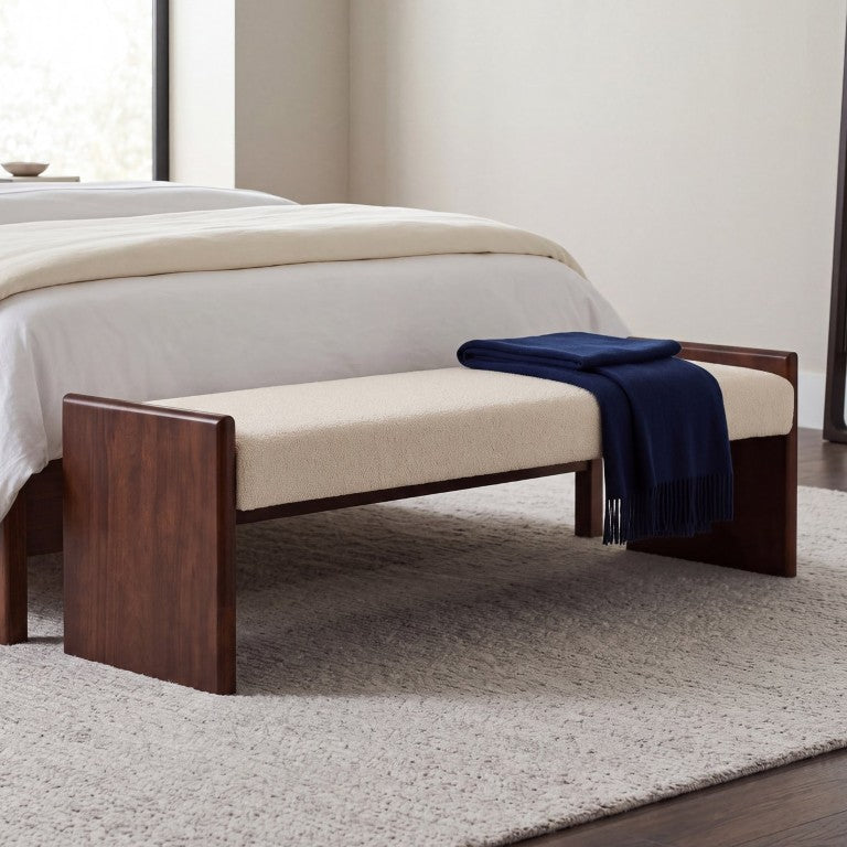 English Elm 63 Inch Boucle Upholstered Long Ottoman Bench with Solid Rubber Wood Minimalist Frame Light Camel N769P486633M